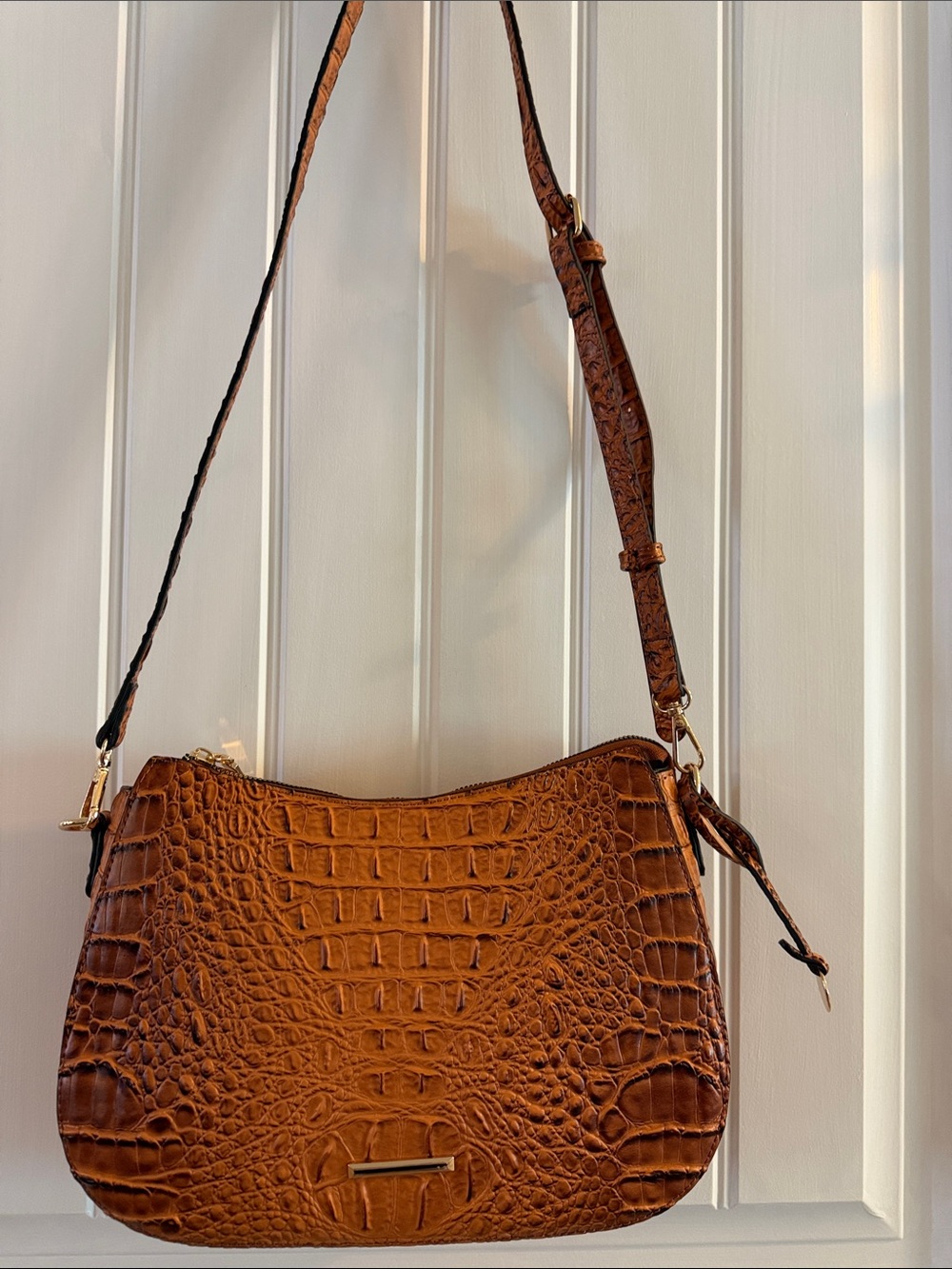 Croc-Embossed Shoulder Bag in Brown